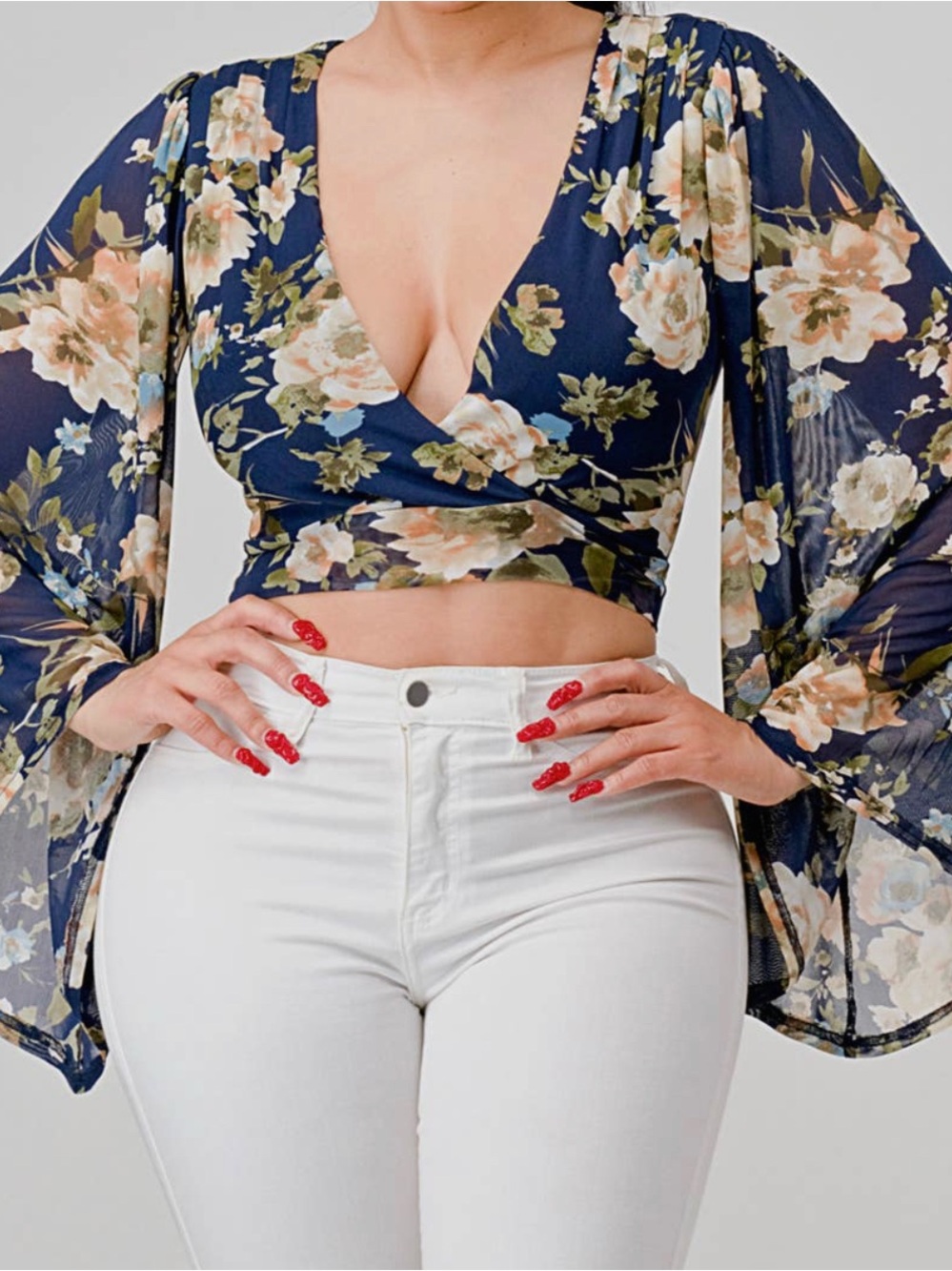 Floral Navy Wrap Crop Top with Sheer Bell Sleeves